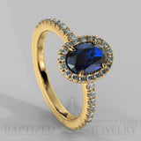 Oval Cut Blue Sapphire & Diamonds Halo Engagement Ring (1 Ct + 0.35ctw) - 14K Yellow Gold