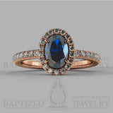 Oval Cut Blue Sapphire & Diamonds Halo Engagement Ring (1 Ct + 0.35ctw) - 14K Rose Gold