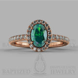 Oval Cut Emerald & Diamonds Halo Engagement Ring (1 Ct + 0.35ctw) - 14K Rose Gold