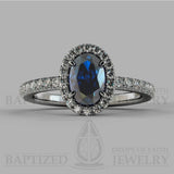 Oval Cut Blue Sapphire & Diamonds Halo Engagement Ring (1 Ct + 0.35ctw) - 14K White Gold