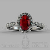 Oval Cut Ruby & Diamonds Halo Engagement Ring  (1 Ct + 0.35ctw) - 14K White Gold