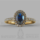 Oval Cut Blue Sapphire & Diamonds Halo Engagement Ring (1 Ct + 0.35ctw) - 14K Yellow Gold