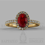 Oval Cut Ruby & Diamonds Halo Engagement Ring  (0.5ct + 0.25ctw) - 14K Yellow Gold