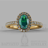 Oval Cut Emerald & Diamonds Halo Engagement Ring (0.5ct + 0.25ctw) - 14K Yellow Gold