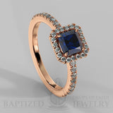 Radiant Cut Blue Sapphire & Diamonds Halo Engagement Ring (0.5ct + 0.25ctw) - 14K Rose Gold