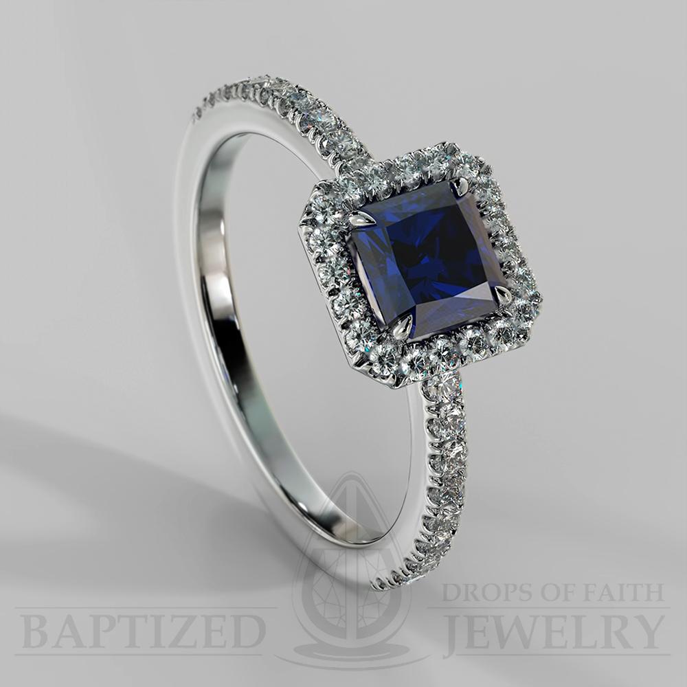 Radiant Cut Blue Sapphire & Diamonds Halo Engagement Ring (0.5ct + 0.25ctw) - 14K White Gold
