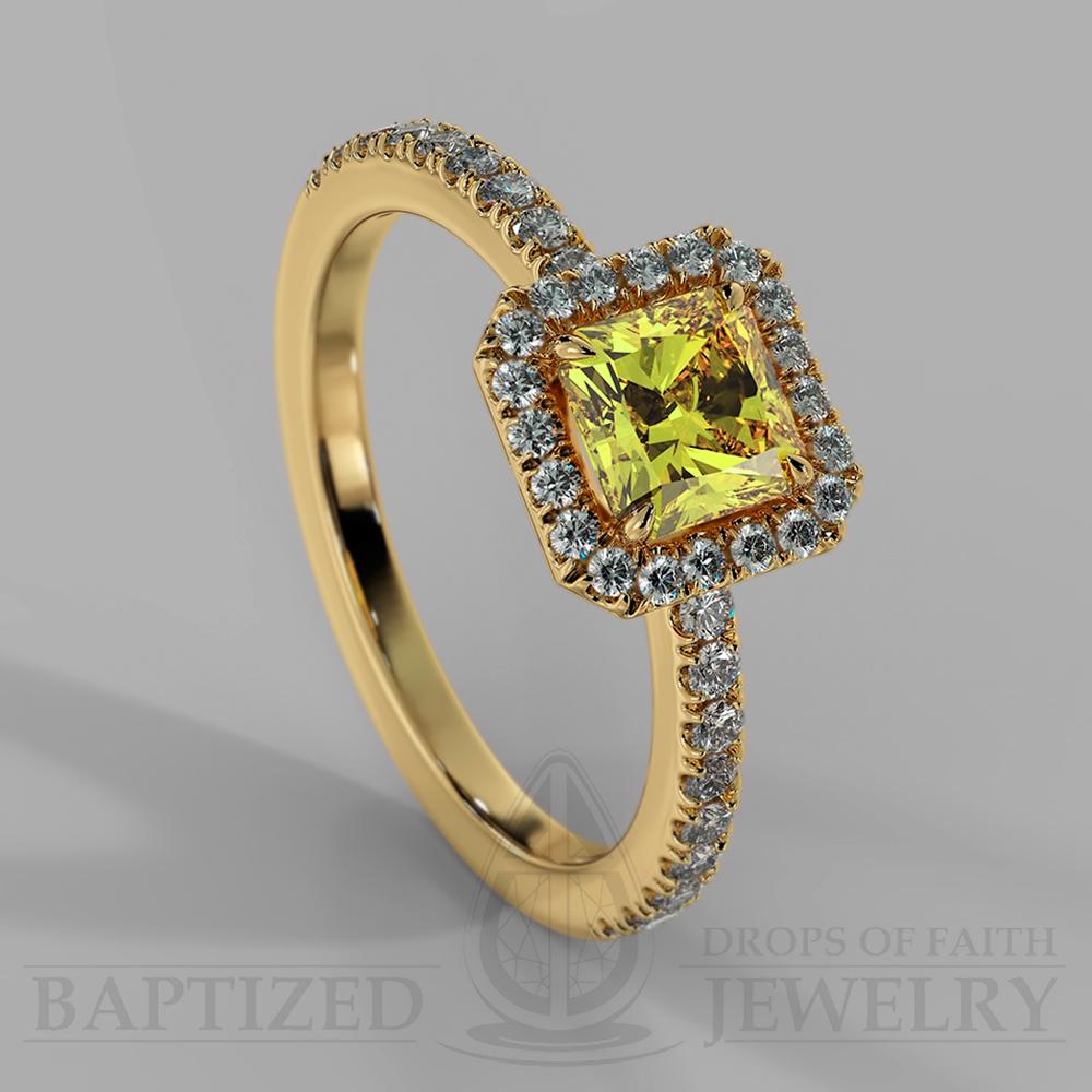 Radiant Cut Fancy Light Yellow Diamond Halo Engagement Ring (1 Ct + 0.35ctw) - 14K Yellow Gold