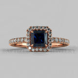 Radiant Cut Blue Sapphire & Diamonds Halo Engagement Ring (0.5ct + 0.25ctw) - 14K Rose Gold