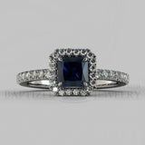 Radiant Cut Blue Sapphire & Diamonds Halo Engagement Ring (0.5ct + 0.25ctw) - 14K White Gold