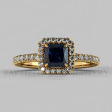 Radiant Cut Blue Sapphire & Diamonds Halo Engagement Ring (0.5ct + 0.25ctw) - 14K Yellow Gold