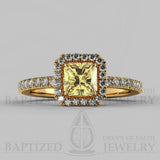 Radiant Cut Fancy Light Yellow Diamond Halo Engagement Ring (0.5ct + 0.25ctw) - 14K Yellow Gold
