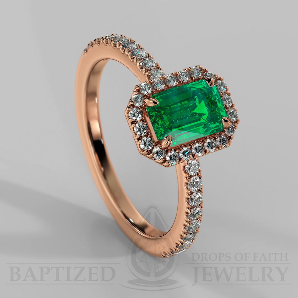 Emerald Cut Emerald & Diamonds Halo Engagement Ring (1 Ct + 0.35ctw) - 14K Rose Gold