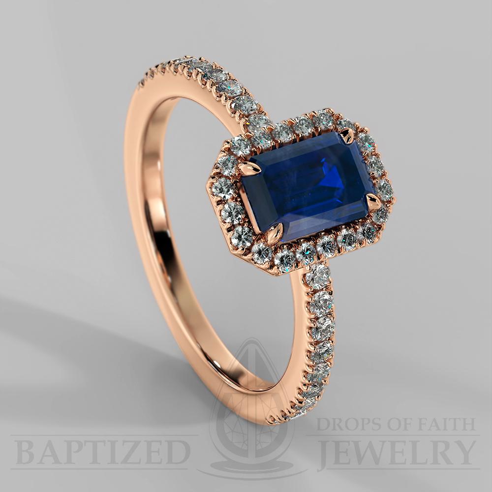 Emerald Cut Blue Sapphire & Diamonds Halo Engagement Ring (0.5ct + 0.25ctw) - 14K Rose Gold