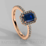 Emerald Cut Blue Sapphire & Diamonds Halo Engagement Ring (0.5ct + 0.25ctw) - 14K Rose Gold