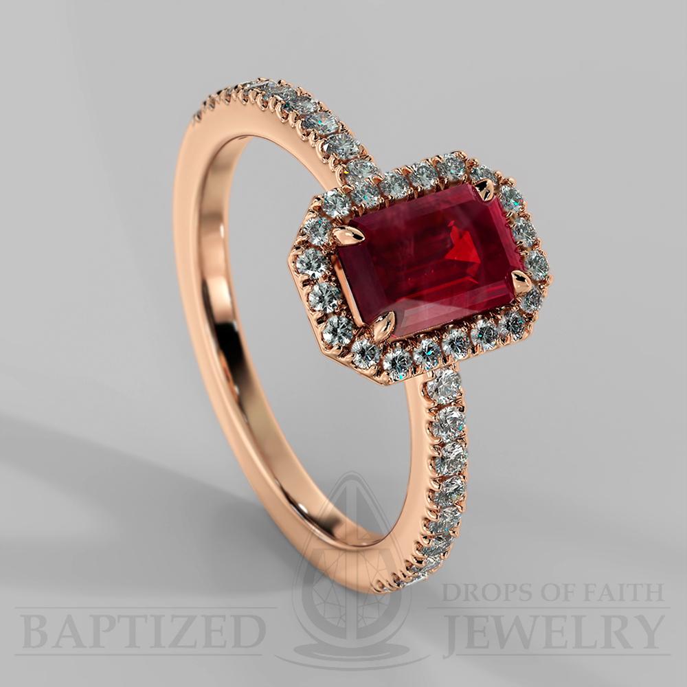 Emerald Cut Ruby & Diamonds Halo Engagement Ring  (1 Ct + 0.35ctw) - 14K Rose Gold