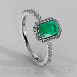 Emerald Cut Emerald & Diamonds Halo Engagement Ring (1 Ct + 0.35ctw) - 14K White Gold