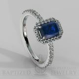 Emerald Cut Blue Sapphire & Diamonds Halo Engagement Ring (0.5ct + 0.25ctw) - 14K White Gold