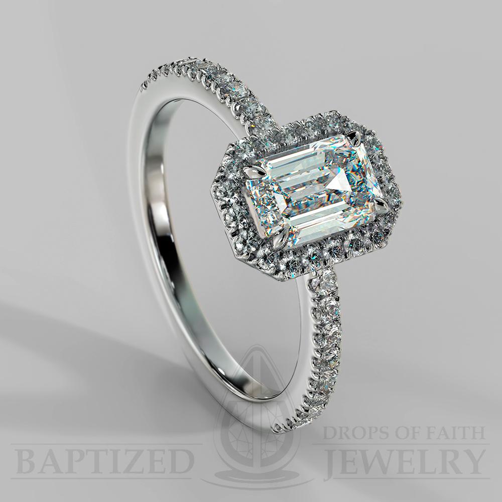 Emerald Cut Natural Diamond Halo Engagement Ring (0.5ct + 0.25ctw) - 14K White Gold