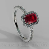 Emerald Cut Ruby & Diamonds Halo Engagement Ring  (0.5ct + 0.25ctw) - 14K White Gold