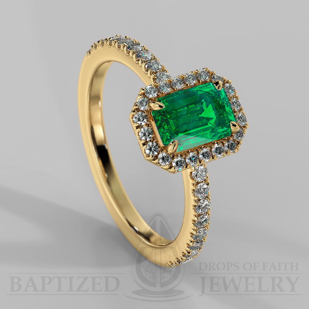 Emerald Cut Emerald & Diamonds Halo Engagement Ring (1 Ct + 0.35ctw) - 14K Yellow Gold