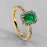 Emerald Cut Emerald & Diamonds Halo Engagement Ring (1 Ct + 0.35ctw) - 14K Yellow Gold