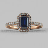 Emerald Cut Blue Sapphire & Diamonds Halo Engagement Ring (0.5ct + 0.25ctw) - 14K Rose Gold