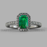 Emerald Cut Emerald & Diamonds Halo Engagement Ring (1 Ct + 0.35ctw) - 14K White Gold