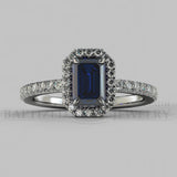 Emerald Cut Blue Sapphire & Diamonds Halo Engagement Ring (0.5ct + 0.25ctw) - 14K White Gold