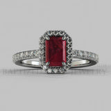 Emerald Cut Ruby & Diamonds Halo Engagement Ring  (0.5ct + 0.25ctw) - 14K White Gold