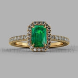 Emerald Cut Emerald & Diamonds Halo Engagement Ring (1 Ct + 0.35ctw) - 14K Yellow Gold