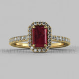 Emerald Cut Ruby & Diamonds Halo Engagement Ring  (1 Ct + 0.35ctw) - 14K Yellow Gold