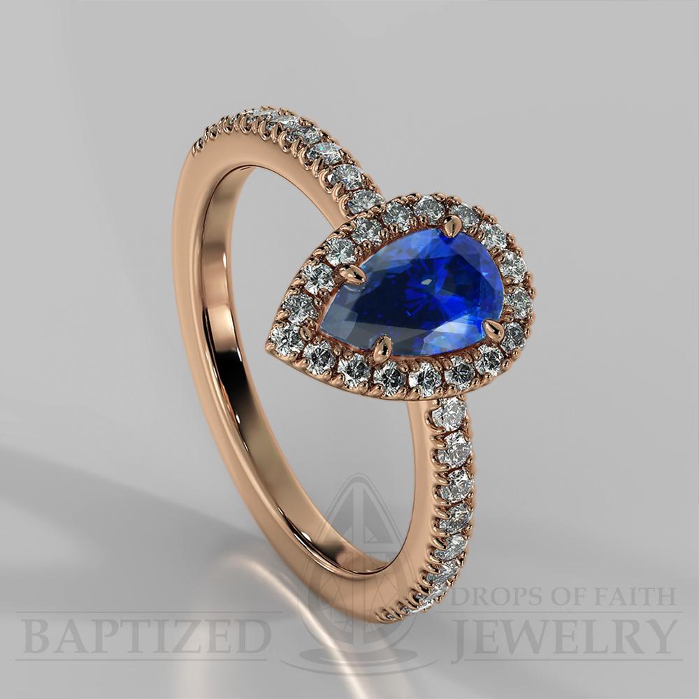 Pear Shape Blue Sapphire & Diamonds Halo Engagement Ring (0.5ct + 0.25ctw) - 14K Rose Gold
