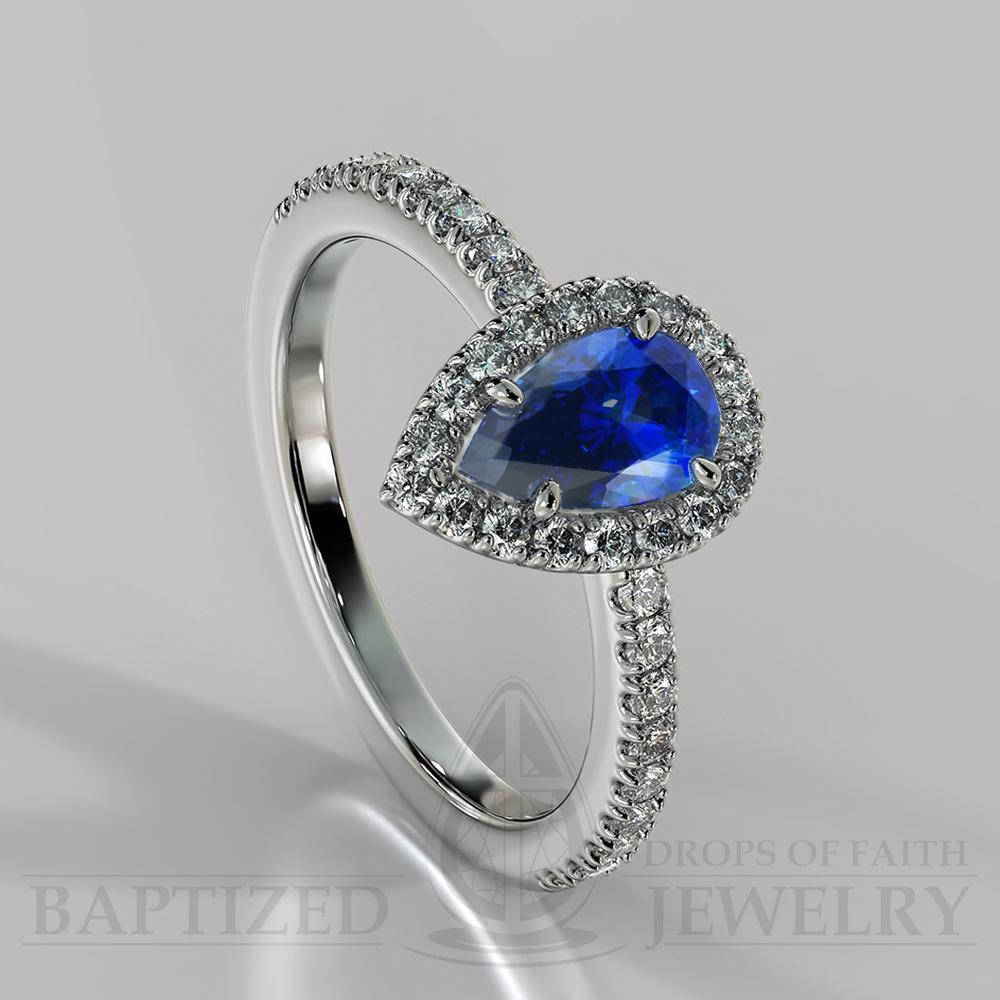 Pear Shape Blue Sapphire & Diamonds Halo Engagement Ring (0.5ct + 0.25ctw) - 14K White Gold