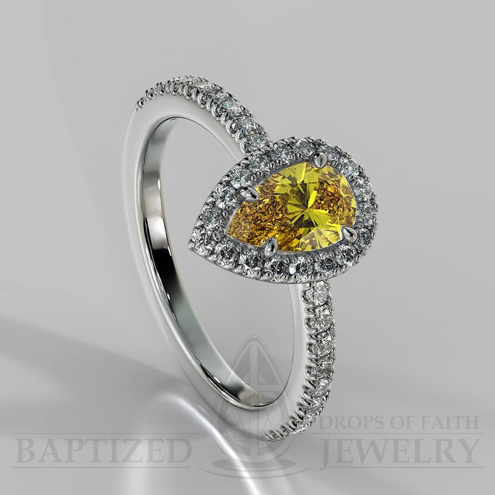 Pear Shape Fancy Light Yellow Diamond Halo Engagement Ring (0.5ct + 0.25ctw) - 14K White Gold
