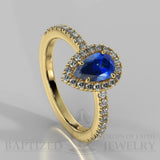 Pear Shape Blue Sapphire & Diamonds Halo Engagement Ring (0.5ct + 0.25ctw) - 14K Yellow Gold