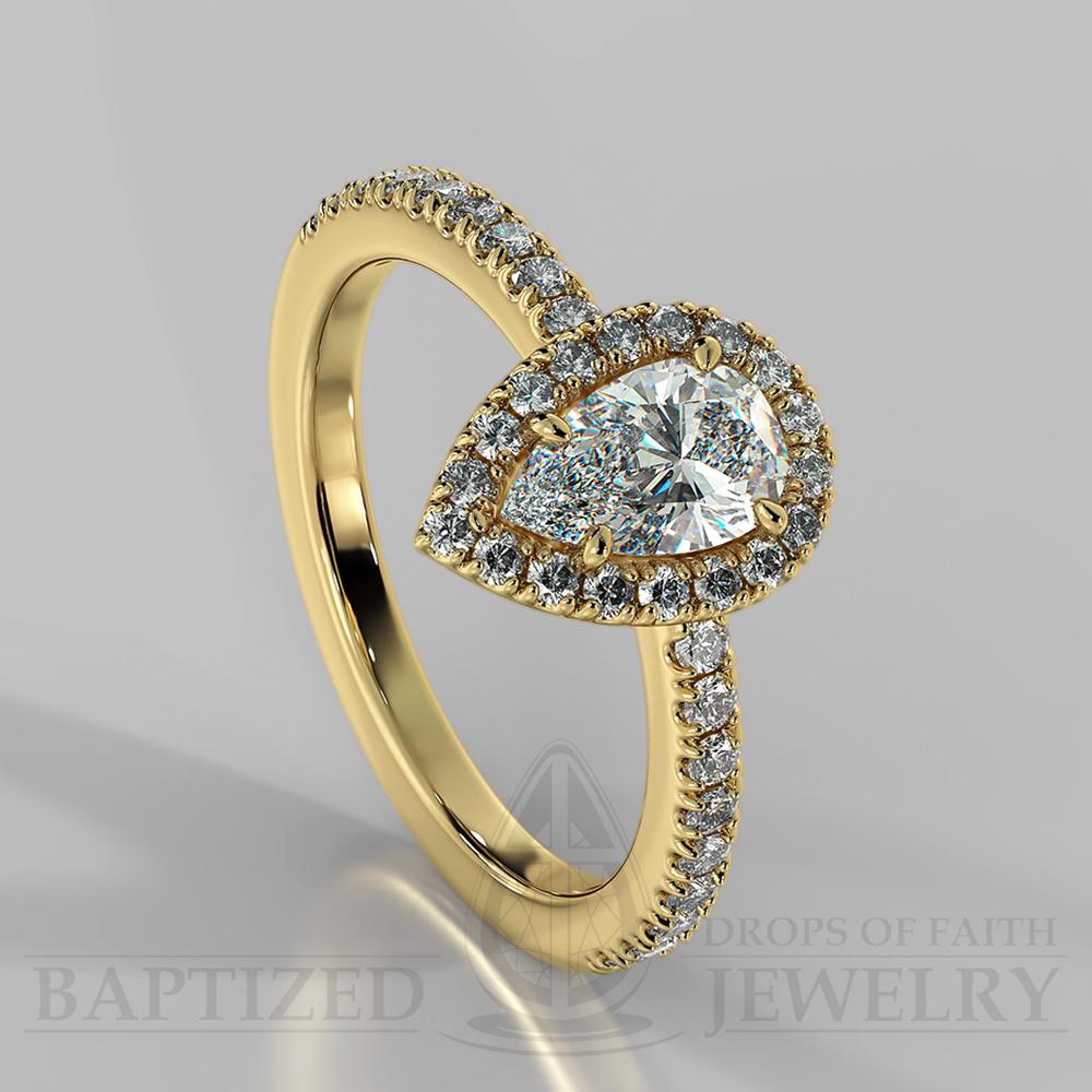 Pear Shape Natural Diamond Halo Engagement Ring (1 Ct + 0.35ctw) - 14K Yellow Gold