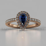 Pear Shape Blue Sapphire & Diamonds Halo Engagement Ring (0.5ct + 0.25ctw) - 14K Rose Gold