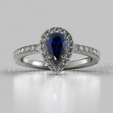 Pear Shape Blue Sapphire & Diamonds Halo Engagement Ring (0.5ct + 0.25ctw) - 14K White Gold