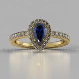 Pear Shape Blue Sapphire & Diamonds Halo Engagement Ring (0.5ct + 0.25ctw) - 14K Yellow Gold