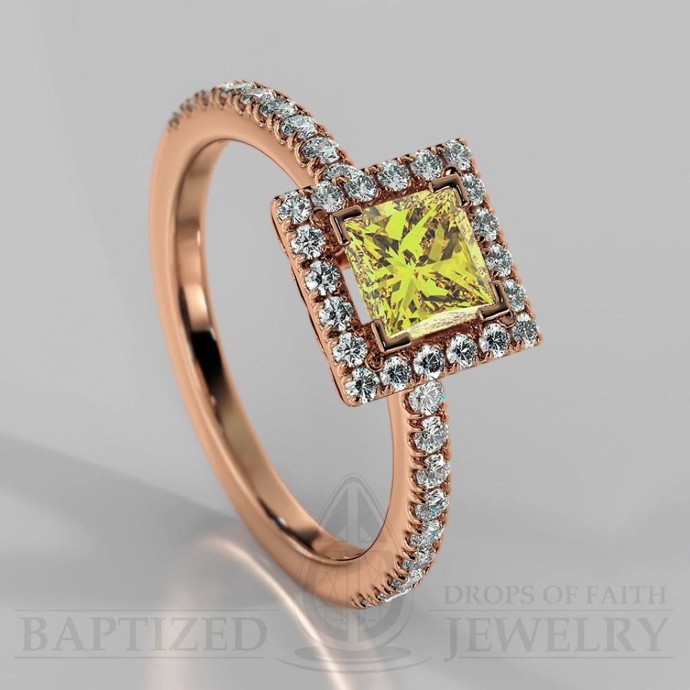 Princess Cut Fancy Light Yellow Diamond Halo Engagement Ring (0.5ct + 0.25ctw) - 14K Rose Gold