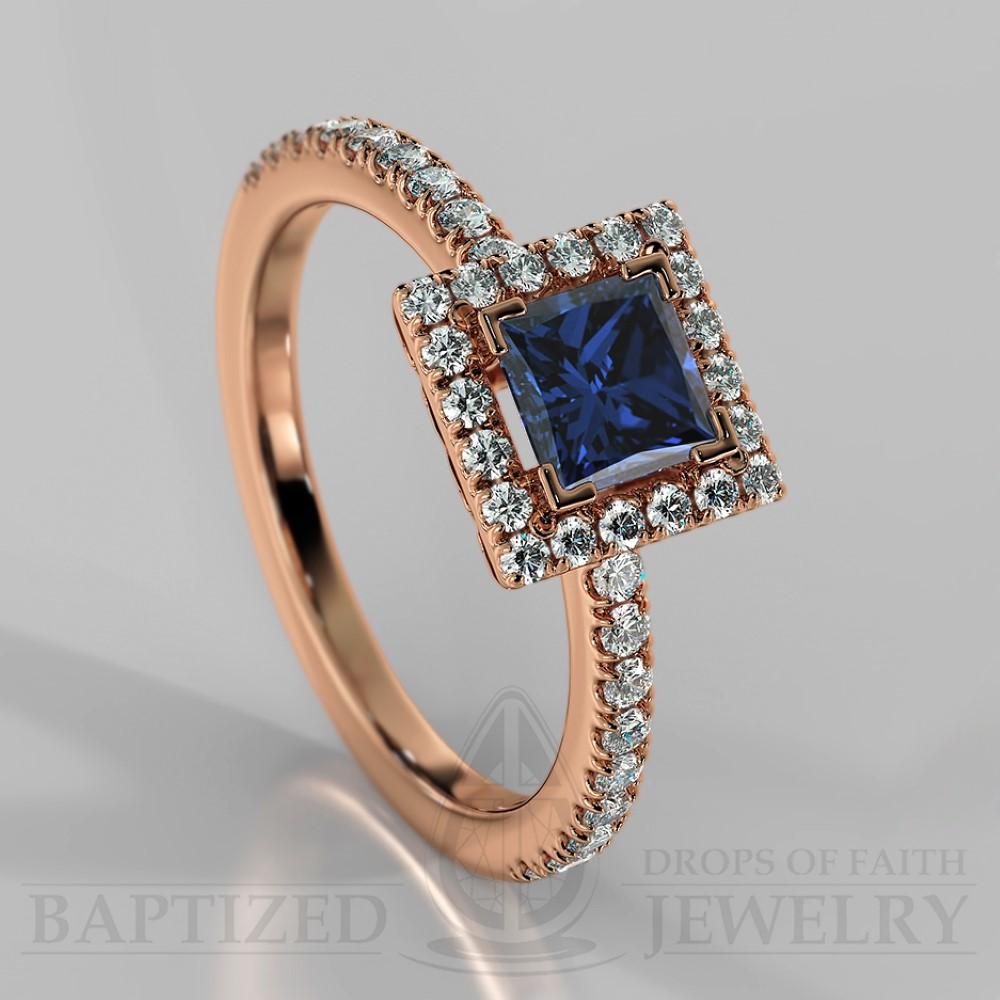 Princess Cut Blue Sapphire & Diamonds Halo Engagement Ring (0.5ct + 0.25ctw) - 14K Rose Gold