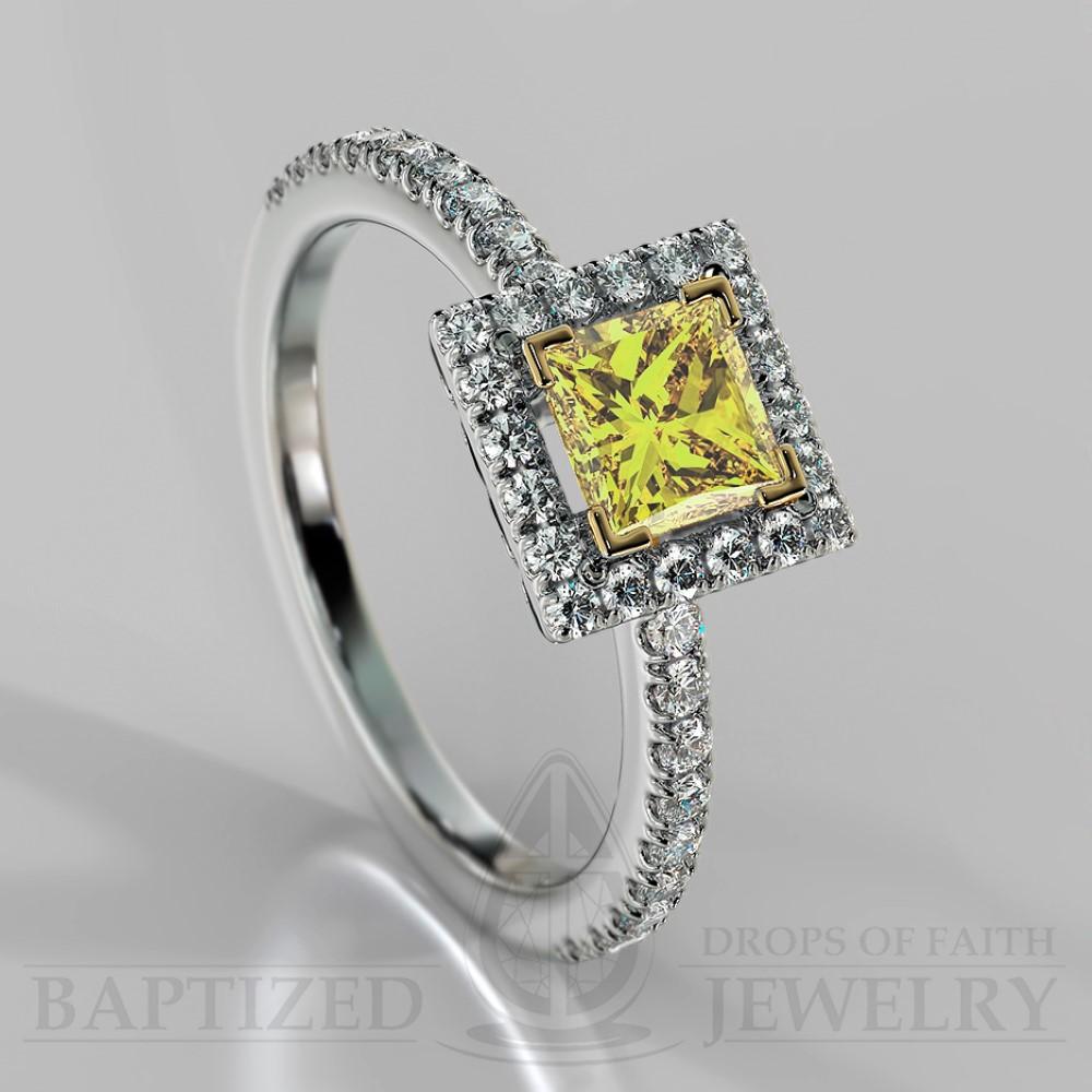 Princess Cut Fancy Light Yellow Diamond Halo Engagement Ring (0.5ct + 0.25ctw) - 14K White Gold