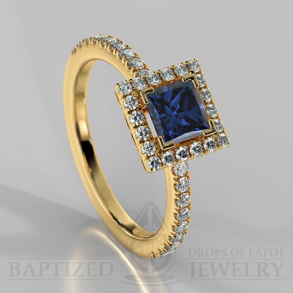 Princess Cut Blue Sapphire & Diamonds Halo Engagement Ring (0.5ct + 0.25ctw) - 14K Yellow Gold
