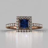 Princess Cut Blue Sapphire & Diamonds Halo Engagement Ring (0.5ct + 0.25ctw) - 14K Rose Gold