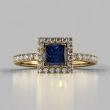 Princess Cut Blue Sapphire & Diamonds Halo Engagement Ring (0.5ct + 0.25ctw) - 14K Yellow Gold