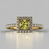 Princess Cut Fancy Light Yellow Diamond Halo Engagement Ring (0.5ct + 0.25ctw) - 14K Yellow Gold