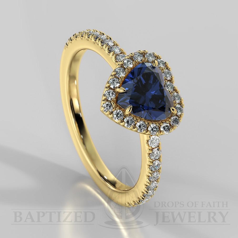 Heart Shape Blue Sapphire & Diamonds Halo Engagement Ring (0.5ct + 0.25ctw) - 14K Yellow Gold