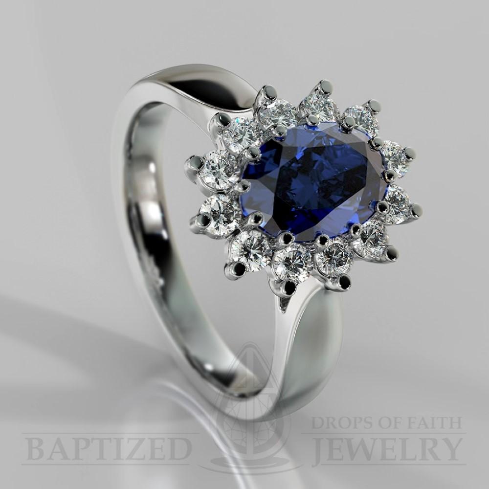 Oval Cut Blue Sapphire & Cubic Zirconia Sterling Silver Silver Ring (0.5 Ct + 0.36 Ctw) - Sterling Silver 925