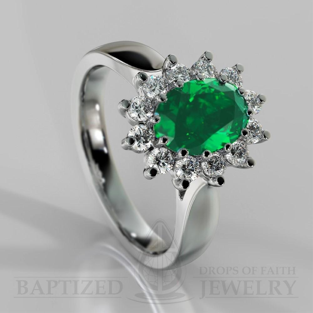 Oval Cut Emerald & Cubic Zirconia Sterling Silver Silver Ring (1.0 Ct + 0.5 Ctw) - Sterling Silver 925