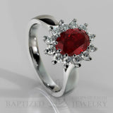 Oval Cut Ruby & Cubic Zirconia Sterling Silver Silver Ring (1.0 Ct + 0.5 Ctw) - Sterling Silver 925